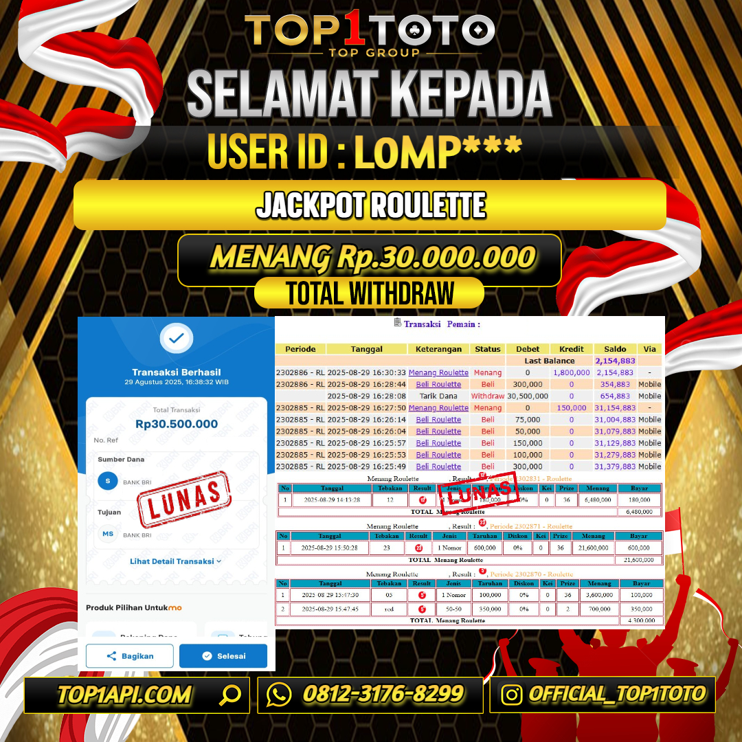 TOP1TOTO JACKPOT LIVE GAMES ROULETTE Rp.30.000.000 - LUNAS USER ID : L0MP***