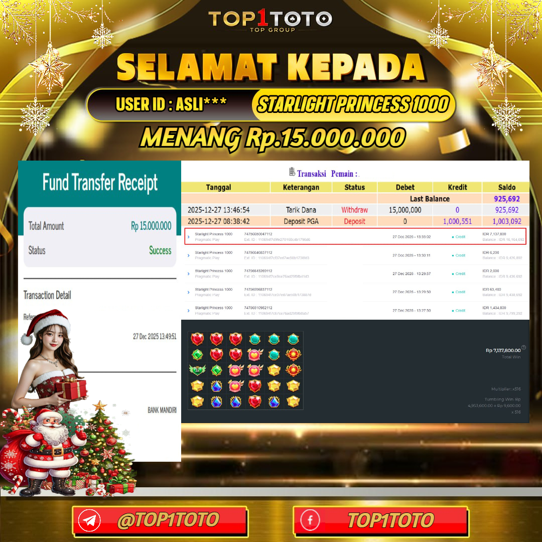 TOP1TOTO JACKPOT SLOT STARLIGHT PRINCESS 1000 Rp.15.000.000 - LUNAS USER ID : ASLI***