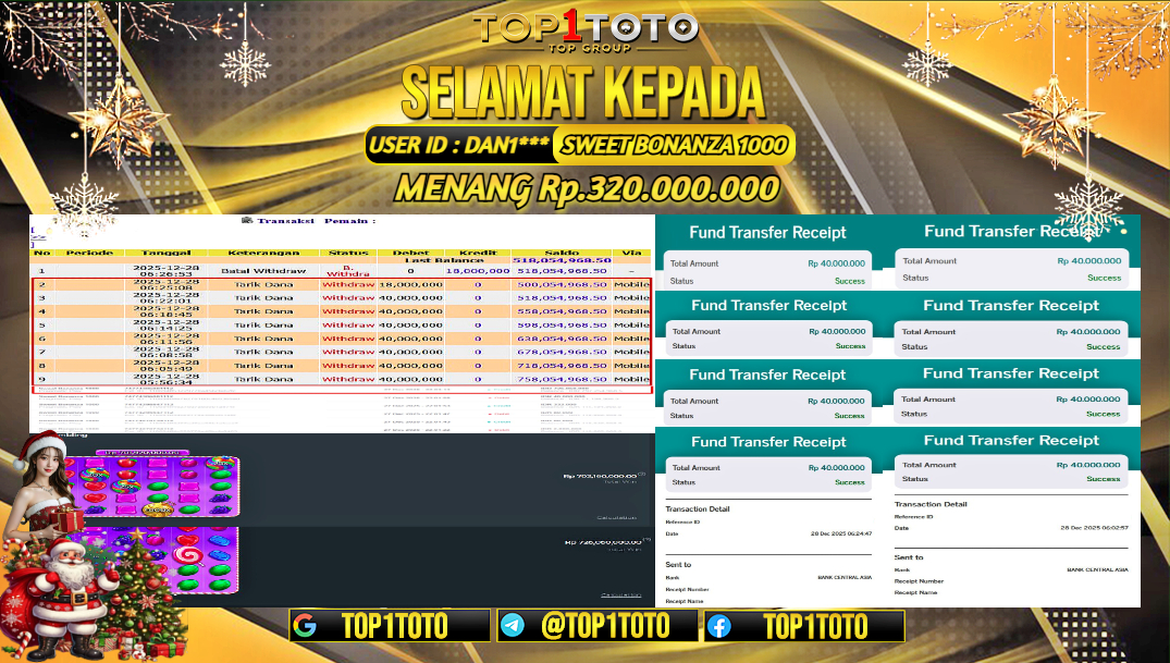 TOP1TOTO JACKPOT SLOT SWEET BONANZA 1000 Rp.320.000.000 - LUNAS USER ID : DAN1***